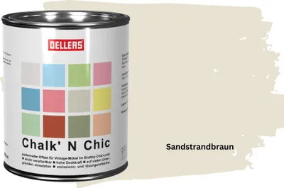 Produktbild von OELLERS Chalk 'N Chic Kreidefarbe Sandstrandbraun 1L matt – für Shabby-Chic-Look & Vintage-Stil auf Holz, Beton, Raufaser, Gipskarton uvm.