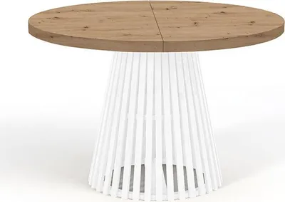 Zdjęcie produktu dla Okrągły rozkładany stół do jadalni, DOVER - styl industrialny/loft z nogami z listew, średnica: 120 / 220 cm, kolor: dąb Artisan / biały