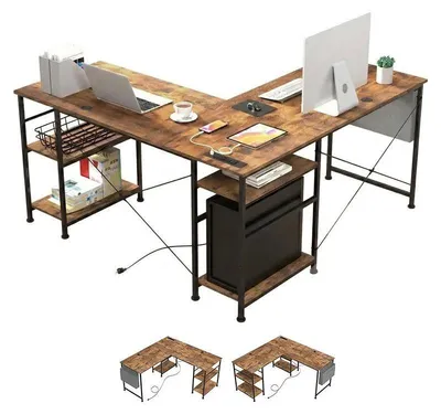 Produktbild von ZELUEXX L-förmiger Schreibtisch mit Rollen, Ablagefach, 3 Steckdosen, 2 USB-Anschlüssen und wasserabweisender Tischplatte, Braun