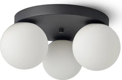 A close-up studio shot of a black ceiling light fixture with three white glass globe shades.