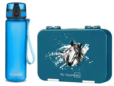 Produktbild von Len Brotdosen-Set Petrol Pferde mit 500ml Flasche Blau, auslaufsicher, für Schule & Kindergarten