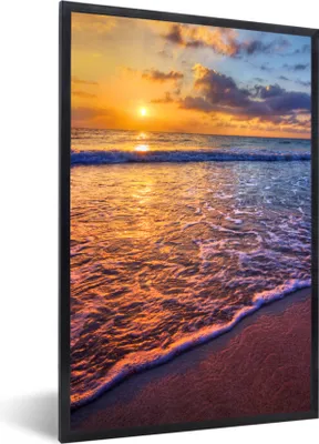 Produktbild von MuchoWow® Gerahmtes Poster Meer - Strand - Sonnenuntergang - Wolken - Horizont 60x90 cm - Poster mit Schwarzem Bilderrahmen Wandposter Rahmen Foto Bilder - Kunst