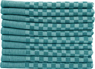 A stack of folded teal-colored kitchen towels with a checkered pattern.