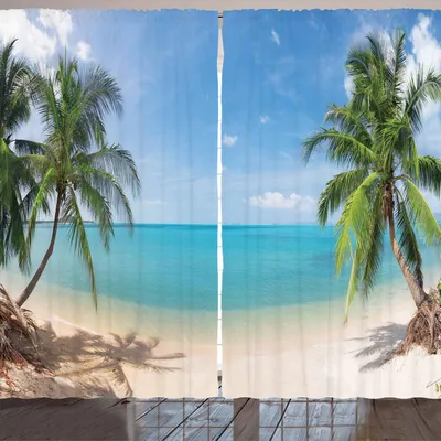 Image de Rideau ARANDE Océan, vue panoramique sur une plage de sable tropicale, imprimé sur le thème des vacances exotiques, 280 x 175 cm, brun pâle turquoise