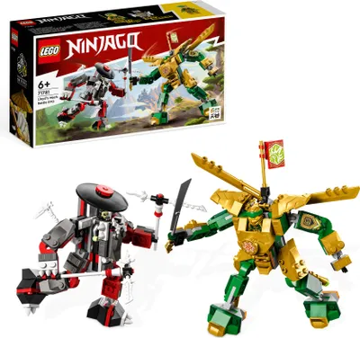 Produktbild von LEGO 71781 NINJAGO Lloyds Mech-Duell EVO, 2 Action-Figuren Set mit aufrüstbarer Figur, sammelbares Spielzeug mit dem goldenen Lloyd und Skelett-Krieger