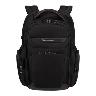 A black Samsonite PRO-DLX 6 Laptop-Rucksack with red accents.