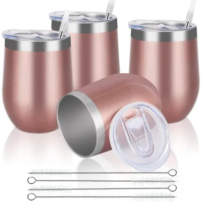 Productafbeelding van RVS wijnglazen zonder voet, met deksel, set van 4, roze goud, 12 oz, dubbelwandig, vacuümgeïsoleerd
