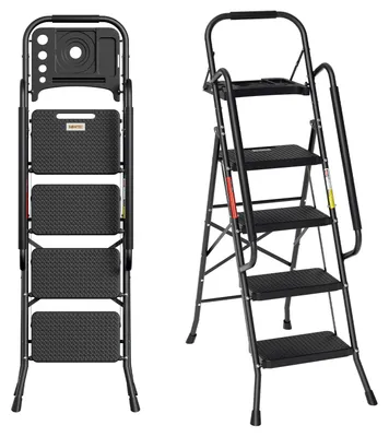 Produktbild von Peviasot Klappleiter 4 Stufen mit Handlauf und Werkzeugablage, breite Anti-Rutsch-Stufen, Stahlrahmen, 150 kg, faltbar, Schwarz, EN14183