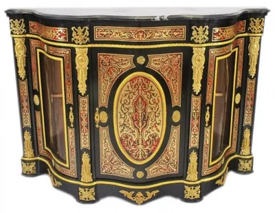 Image de Commode Casa Padrino de style baroque, incrustations Boulle, noire, dorée et rouge, avec plateau en marbre, dimensions : 161 x 105 x 46 cm