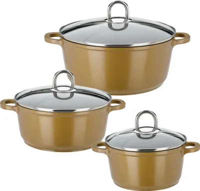 Produktbild von GSW Kochtopf-Set Gourmet Premium Color 6 tlg. gold , Aluminium, Edelstahl, Glas, Kochtopf mit Glasdeckel ø ca. 16 x H 8,6cm / ø ca. 20 x H 9,0cm / ø ca. 24 x H 10,7cm