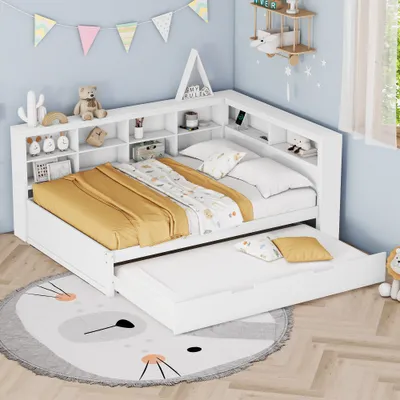 Produktbild von okwish Schlafsofa Daybett 140x200cm mit Ausziehbarem Unterbett 90x190cm und Lattenrost, Tagesbett Kinderbett Jugendbett aus Holz mit USB-Steckdose und mehreren Ablagefächern(Ohne Matratze)- Weiß