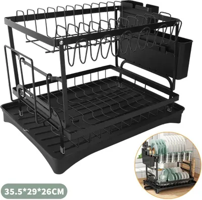Obrázek produktu pro Odkapávač na nádobí - kovový odkapávač na nádobí - 2 patra - na talíře a misky - na pracovní desku - černý
