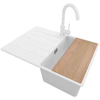 Produktbild von PRIMAGRAN Granitspüle Weiß 70x50cm, Spülbecken 1 Becken + Küchenarmatur 32x20cm + Ablauf-Set + Schneidebrett, Küchenspüle ab 40er Unterschrank - Kopenhagen