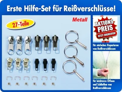 Produktbild von Reißverschluss Reparatur Set 27 Teilig Zipper Schieber inkl. Greifringe Metall