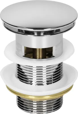 A close-up studio shot of a sink drain assembly.