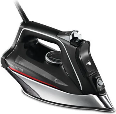 A black and silver Rowenta steam iron is shown against a white background.