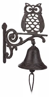 Image de Relaxdays : cloche de porte en fonte, motif chouette, style antique, avec cordon, résistante aux intempéries, cloche murale pour porte d'entrée, décoration de jardin, marron foncé