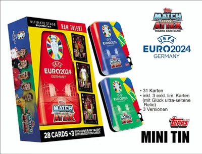 A product shot of UEFA EURO 2024 trading card mini tins and a booster box.