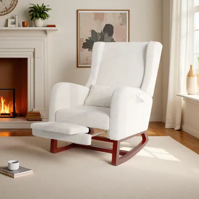 Immagine prodotto di Sedia a dondolo Fortuna Lai in tessuto di lino, Tradizionalmente elegante, Sedia a dondolo, Sedia da soggiorno, Beige
