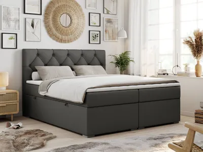 Produktbild von Boxspringbett 180x200 mit Bettkasten, Boxspringbett 180x200 mit Matratze, Doppelbett mit Matratze und Topper - Polsterbett mit Kopfteil - Stauraumbett - ALDA - 180x200 - Dunkelgrau - Kunstleder - H3