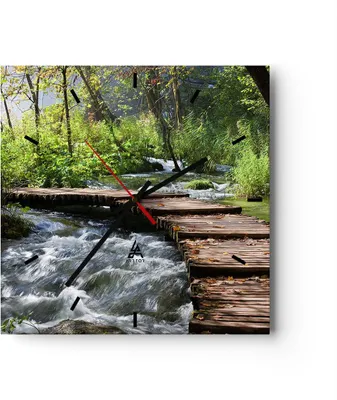 Produktbild von Wanduhr - Quadrat - Glasuhr - Park natur grün bäume - 40x40cm - Schleichendes Uhrwerk - Lautlos - zum Aufhängen bereit - Dekoration Modern - Wanddekoration aus Glas - C3AC40x40-0356
