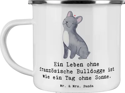 Produktbild von Mr. & Mrs. Panda Teetasse Französische Bulldogge - Weiß - Geschenk, Teebecher, Hundeliebhaber, Hunderassen Beschreibung, Emaille Tasse, becher, Leben ohne, Pott