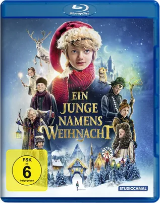 The image is a Blu-ray disc cover for the movie "Ein Junge namens Weihnacht" (A Boy Called Christmas). It features characters from the movie, a snowy landscape, and the movie title.