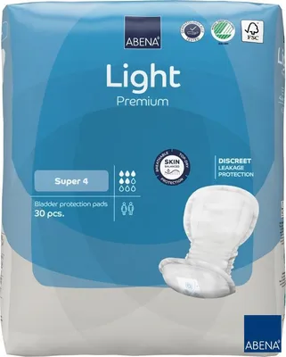 The image shows the packaging of Abena Light Premium bladder protection pads.