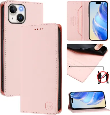 Produktbild von Lederhülle für iPhone 15 Hülle Flip Brieftasche Kartenfächern Ständer Schutzhülle Pink