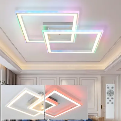 A modern LED ceiling light with multiple square frames, displaying various colors, shown in a room setting and in close-up views with different lighting.