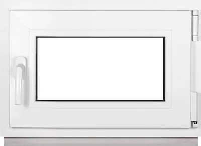 A white window frame with a clear glass pane, a handle on the left, and hinges on the right.