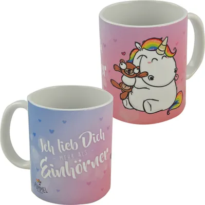 Produktbild von Pummel & Friends Tasse Pummeleinhorn - Ich lieb dich mehr als Einhörner Kaffeetasse Becher Kaffeebecher aus Keramik Rosa/Blau 320 ml