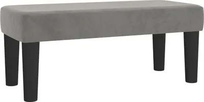 A studio shot of a gray velvet bench with black legs.