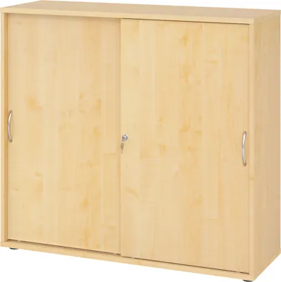 Produktbild von bümö Schiebetürenschrank office - 3 Ordnerhöhen - Nachbildung Ahorn, Griff: Bogengriff (Metall)