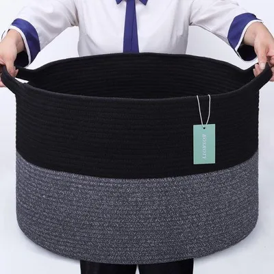 Immagine prodotto di Grande cesto portabiancheria nero, 87 L, cesto in corda di cotone, 55x35 cm