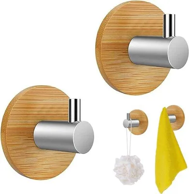 Produktbild von Famanu Handtuchhaken aus Bambus und Edelstahl - 2 Stück selbstklebende Haken - nahtloser Handtuchhalter aus Holz