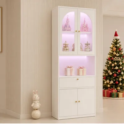Produktbild von Flieks Glasvitrine mit mit RGB mehrfarbig dimmbaren LED-Leisten, Aktenschrank mit 1 Schublade und 2 Glastüren, Hochschrank 70x35x180cm, Weiß