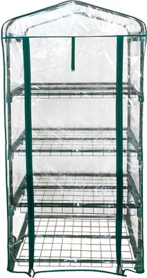 A clear shot of a four-tiered mini greenhouse with a transparent PVC cover and green trim, set against a white background.