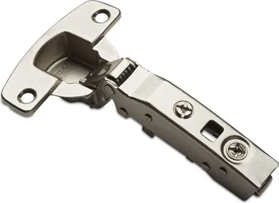 A close-up studio shot of a metal cabinet hinge against a white background.