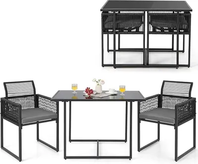 Produktbild von Gartenmöbel Set Rattan 2 Personen, Balkonmöbel Kleiner Balkon platzsparend, Esstisch mit 2 Stühlen zusammenschiebbar, Balkon Möbel klein, Schwarz