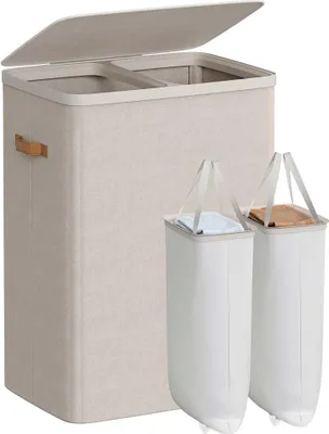 Image de Panier à linge avec 2 compartiments, 170 litres, 56 x 40 x 75 cm, couleur marron
