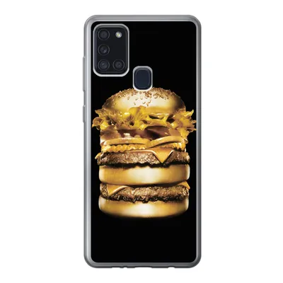 Produktbild von MuchoWow® Handyhülle Schutzhülle Hülle für Samsung Galaxy A21s Goldener Hamburger auf schwarzem Hintergrund. Silikon Softcase Handy Hülle - Hartschale