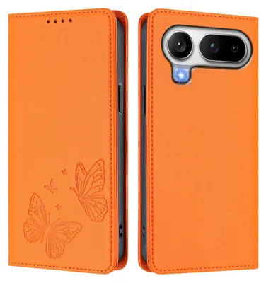 Image de Étui en cuir pour Honor Magic8 Pro Air, étui de protection type portefeuille en cuir gaufré « papillon » avec support, couleur orange