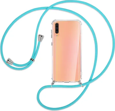 Produktbild von Handykette Backcover-Schutzhülle mit Band (Metall silberfarben) für Samsung Galaxy A50 - türkis