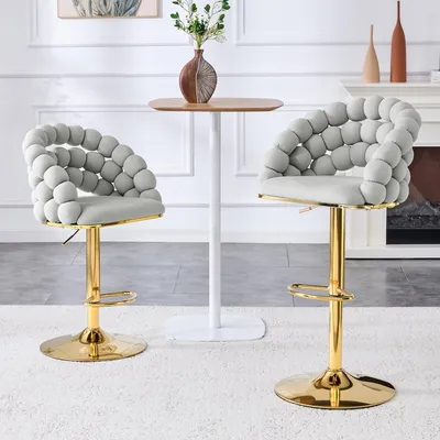 Produktbild von MODFU Barhocker 2er-Set,Relaxsessel mit Kugelketten-Rückenlehne und Vergoldetes Verstellgestell,Loungesessel aus Samt,für Home Bar & Essbereich,Hellgrau