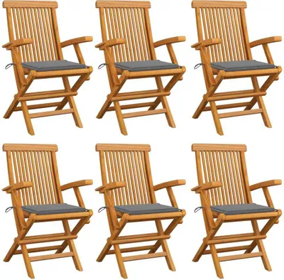 Obrázok produktu pre Záhradné stoličky, sivé podložky 6 ks, tíkový masív