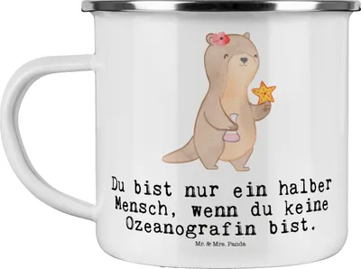 Produktbild von Mr. & Mrs. Panda Emaille Tasse Ozeanografin Herz - Weiß - Geschenk, becher, Haferl, Witzig, Pott, Lustig, Studium, Naturwissenschaftler, Spruch, Teetasse, metallbecher