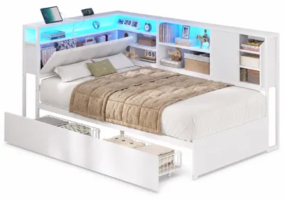 Produktbild von AODEMOKO Polsterbett 90 x 190 cm mit LED, Ladestation, Stauraum und Metall-Lattenrost, Weiß