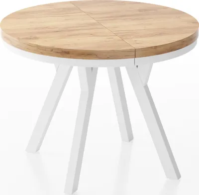 Produktbild von Designer Runder Ausziehbarer Esstisch - Loft-Stil, Industriell, Platzsparend - Weiße Beine - 90 bis 170 cm - für 4-8 Personen - Hergestellt in EU - Wotan Eiche - 170 cm