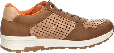 Side view of a brown leather sneaker with perforated details.